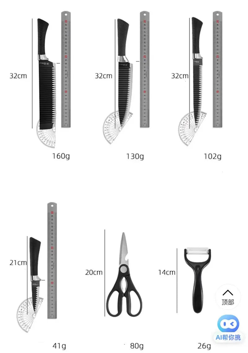 Conjunto de Facas Profissionais de 6 Peças com Design Ondulado Preto – a fusão perfeita entre elegância e funcionalidade para sua cozinha.